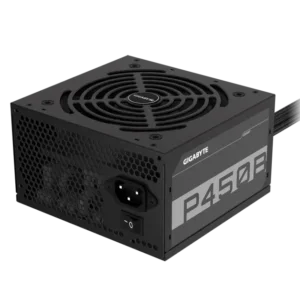 Gigabyte P450B 450W Power Supply with 80 PLUS Bronze certification, non-modular design, and flat black cables for budget gaming and productivity PC builds.