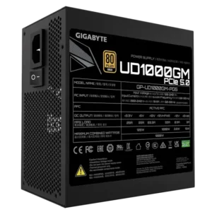 Gigabyte UD1000GM 1000W Power Supply with PCIe 5.0 Support, 80 PLUS Gold Certification, Fully Modular Design, Ideal for RTX 40 Series GPUs and High-End Ryzen Builds.