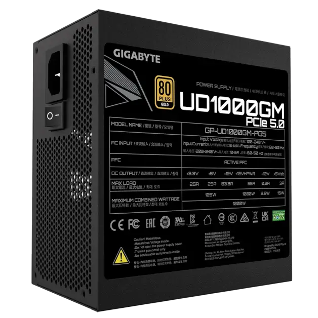 Gigabyte UD1000GM 1000W Power Supply with PCIe 5.0 Support, 80 PLUS Gold Certification, Fully Modular Design, Ideal for RTX 40 Series GPUs and High-End Ryzen Builds.