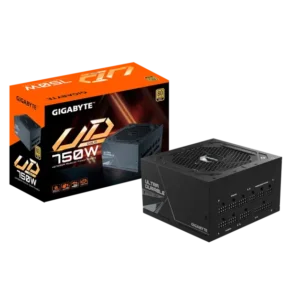 Angled view of Gigabyte UD750GM 750W PSU with modular cables, ideal for gaming GPUs like RTX 4070 and motherboards supporting AMD Ryzen or Intel Core processors.