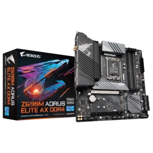 Compact and powerful GIGABYTE Z690M AORUS ELITE AX motherboard with PCIe 5.0, Wi-Fi 6E, DDR4 support, and Intel 12th/13th Gen compatibility.