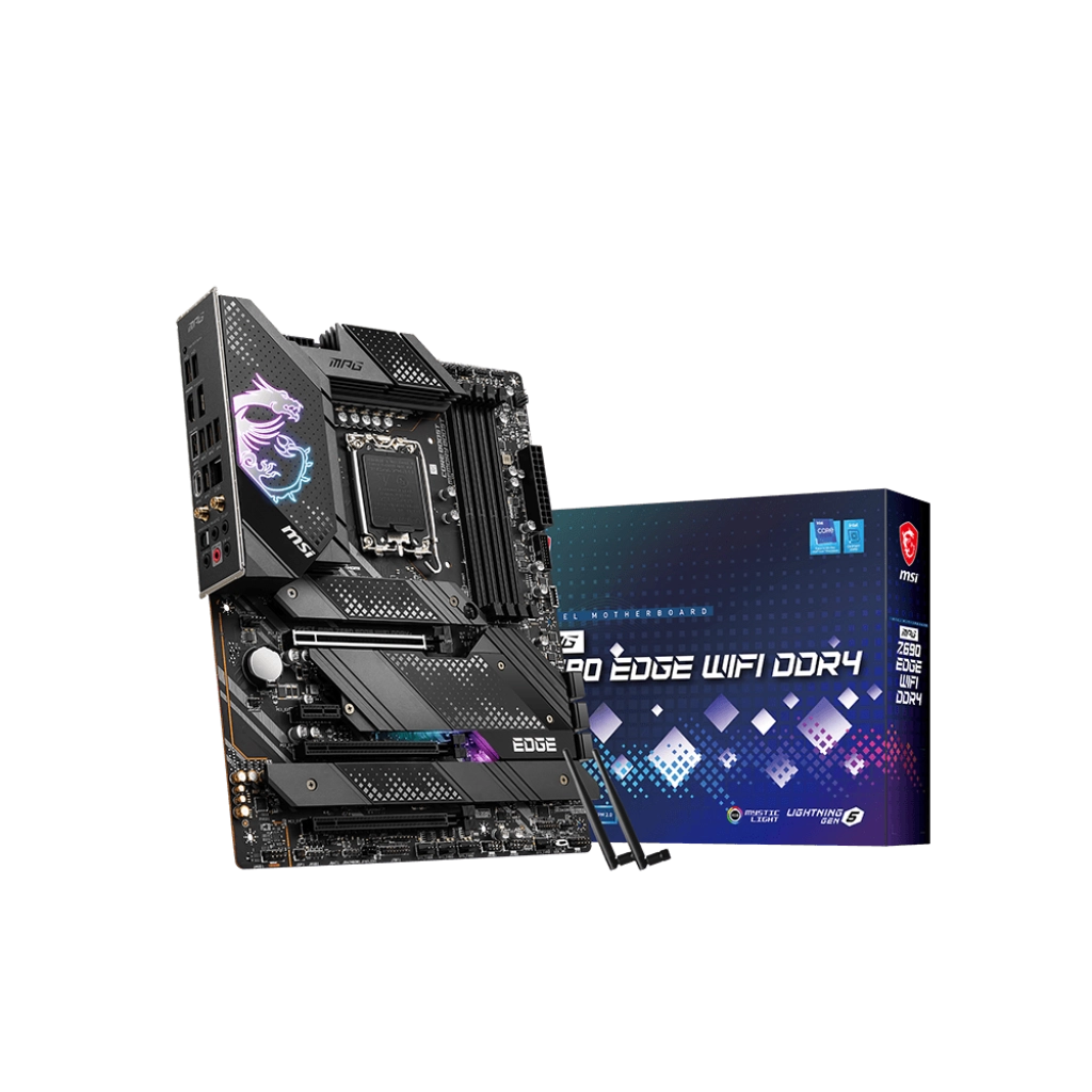 MSI MPG Z690 EDGE WIFI DDR4 motherboard for Intel 12th/13th Gen CPUs, PCIe 5.0, Wi-Fi 6E, and DDR4 memory support – high-performance gaming motherboard.