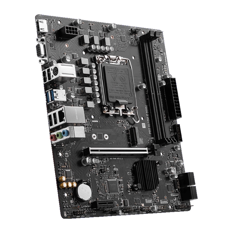 MSI PRO H610M-E motherboard featuring Intel 13th Gen support, PCIe 4.0 compatibility, and DDR4 memory slots.